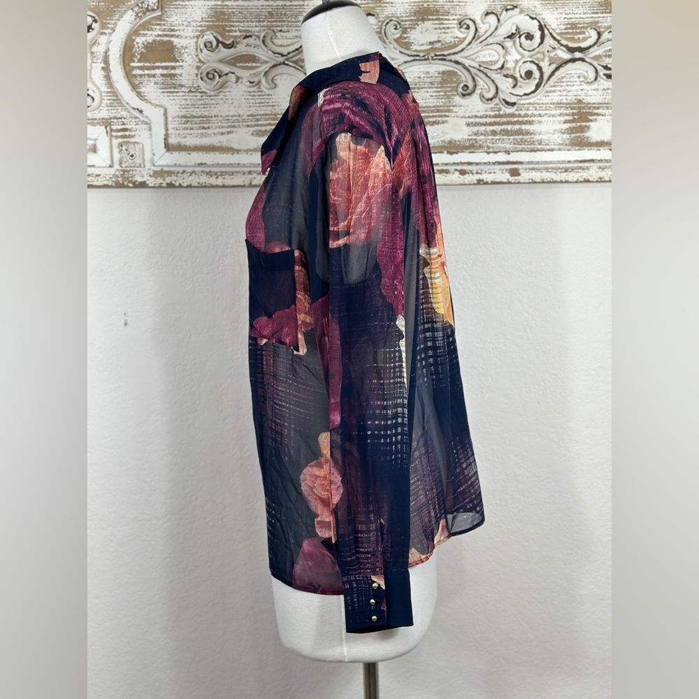 Robert Rogriguez floral sheer dark‎ blue chiffon blouse size Large - Picture 3 of 8